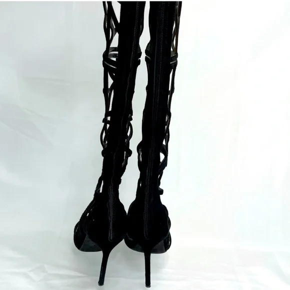 DSQUARED Black Strappy Geometric Knee-High Heeled Boots - Picture 6 of 10